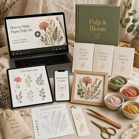 Pulp & Bloom Paper Pulp Art Kit bundle — method book, 3 bonuses, video course, color-map guide and finished framed pulp art